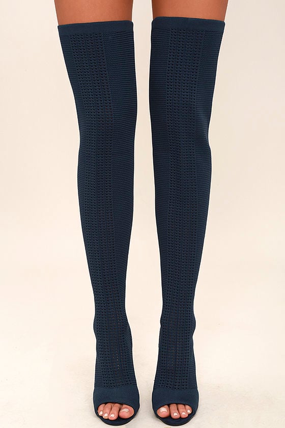 Sexy Navy Knit Boots - Peep-Toe Boots 