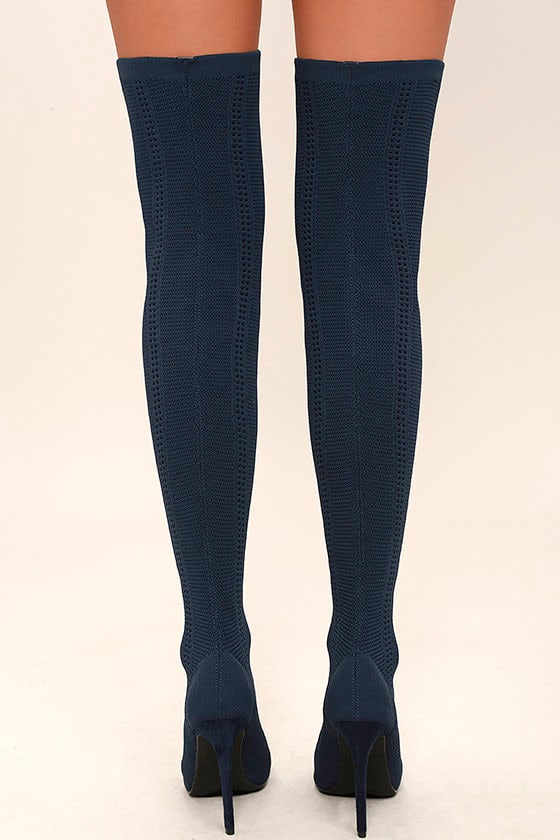 Sexy Navy Knit Boots - Peep-Toe Boots - Sock Boots - Knitted Heels - $87.00