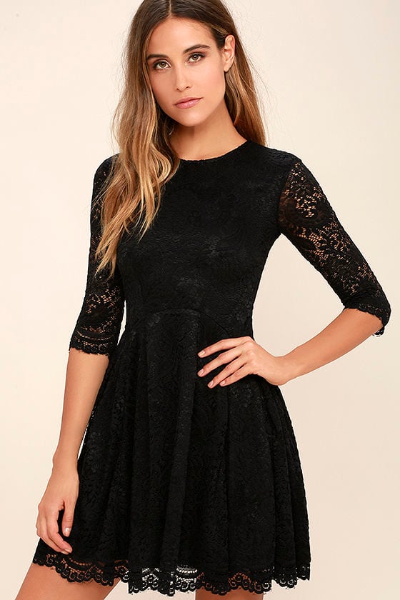 black skater dress with lace sleeves