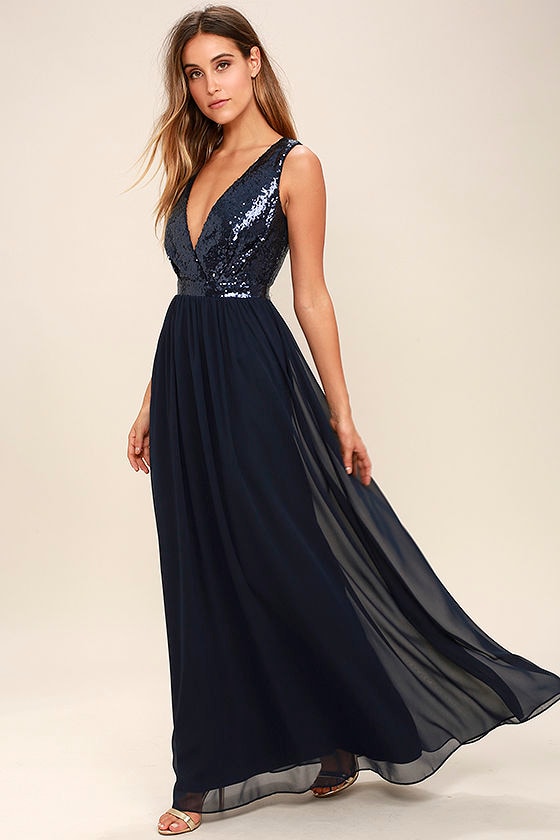 Lovely Navy Blue Maxi Dress - Sequin Maxi Dress - Plunge Sequin Dress ...