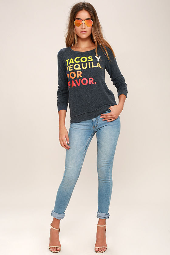 Chaser Tacos Y Tequila Washed Blue Sweatshirt