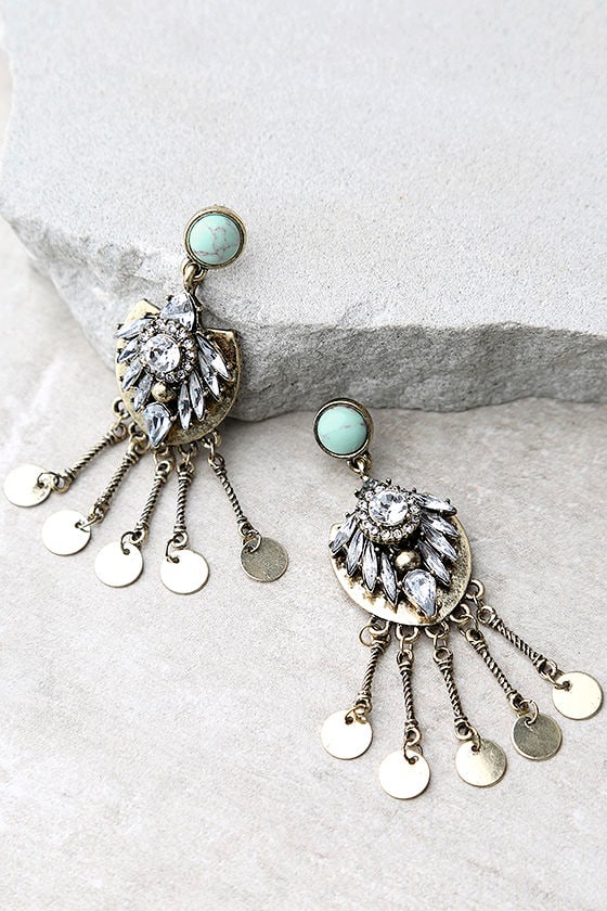 Lover of the Light Turquoise and Gold Rhinestone Earrings