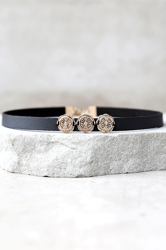 Chic Gold and Black Necklace - Choker Necklace - Vegan Leather Necklace ...