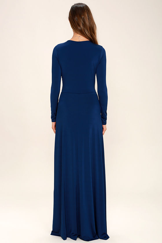 Lovely Navy Blue Dress - Maxi Dress - Long Sleeve Dress - $64.00