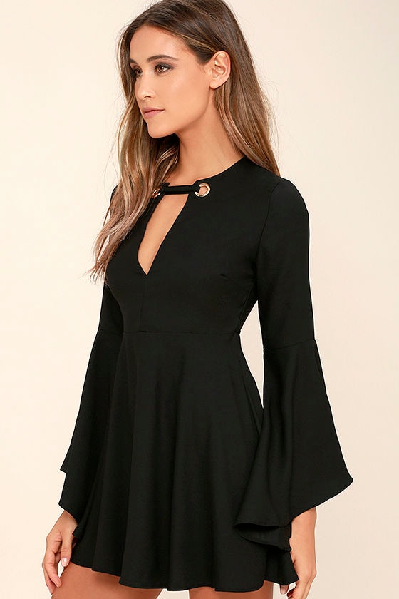 Chic Black Dress - Long Sleeve Dress - Skater Dress - $54.00