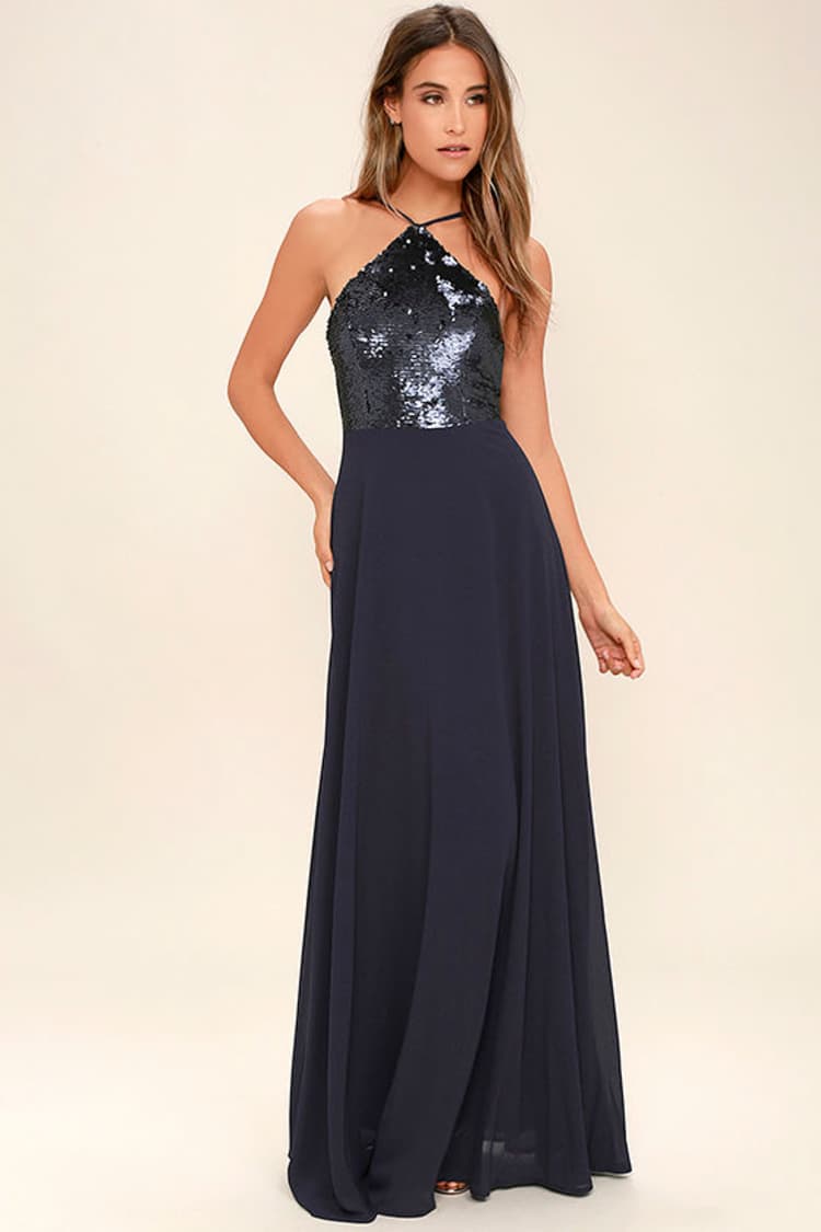 sachin and babi light blue dress Galaxy | Champagne Sequin Turtle-Neck Long-Sleeve Maxi Dress main image 0