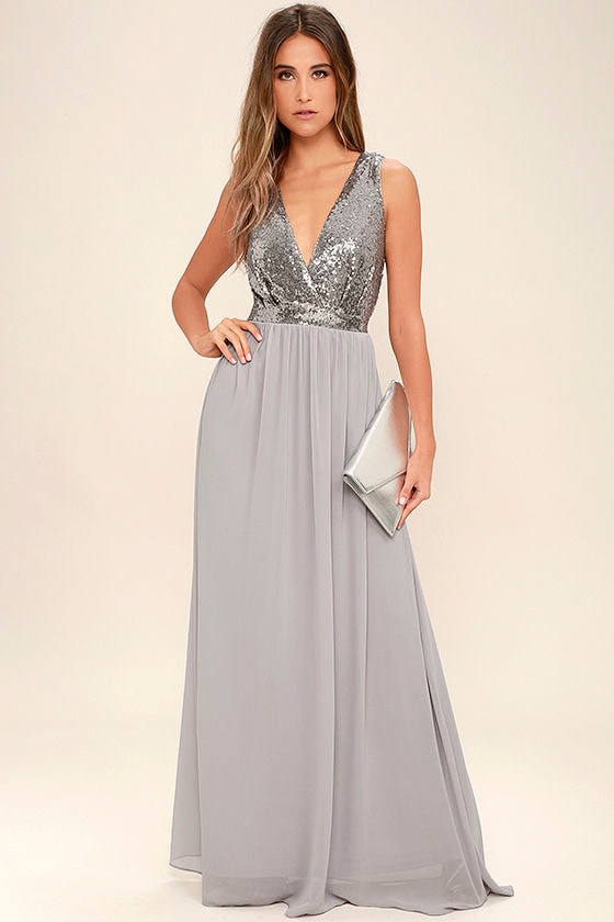 Lovely Pewter Maxi Dress - Sequin Maxi Dress - Plunge Sequin Dress - $98.00