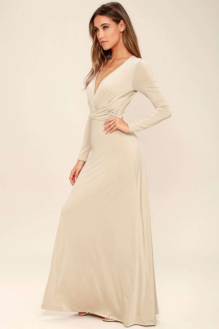 beige long sleeve dress maxi Silver Lines Maxi Dress-Beige L