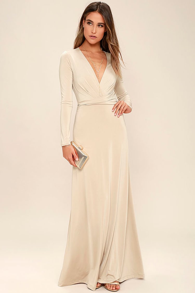 Lovely Beige Dress - Maxi Dress - Long Sleeve Dress - $64.00 - Lulus
