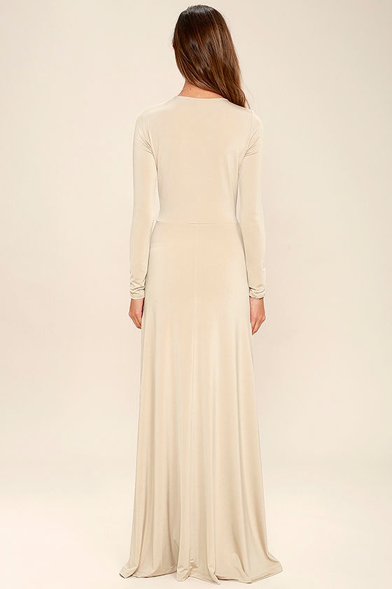 Lovely Beige Dress - Maxi Dress - Long Sleeve Dress - $64.00