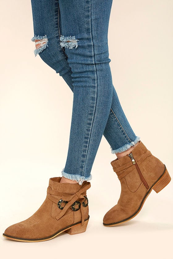 Cute Camel Suede Booties - Ankle Booties - Concho Ankle Boots - $58.00