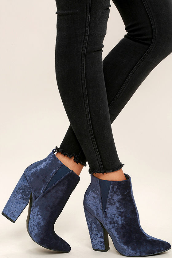 Chic Navy Blue Boots - Crushed Velvet Ankle Booties - High ...