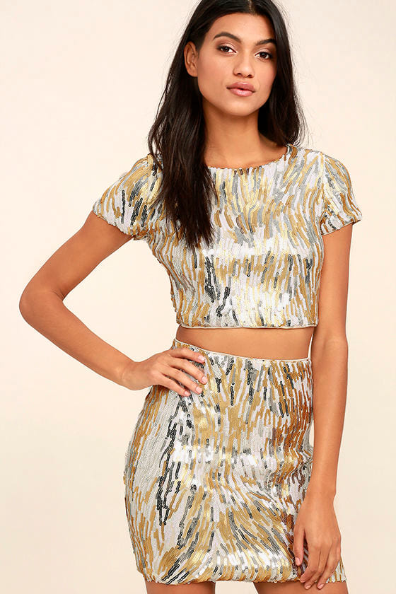 Kindred Spirit Gold and Silver Sequin Two-Piece Dress