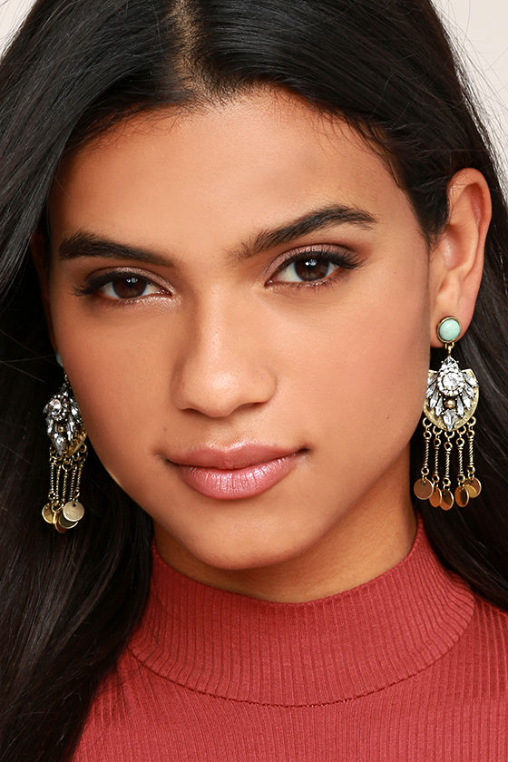 Lover of the Light Turquoise and Gold Rhinestone Earrings