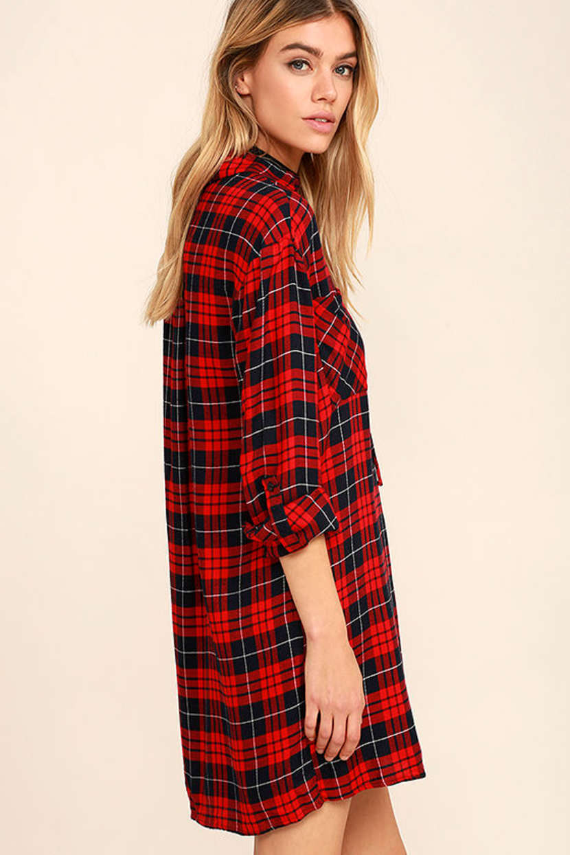 Wait For It Red Plaid Lace-Up Shirt Dress Wait For It Red Plaid Lace-Up Shirt Dress
