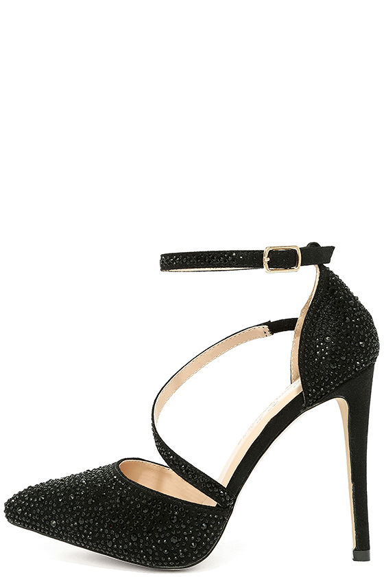 black lace up heels with rhinestones