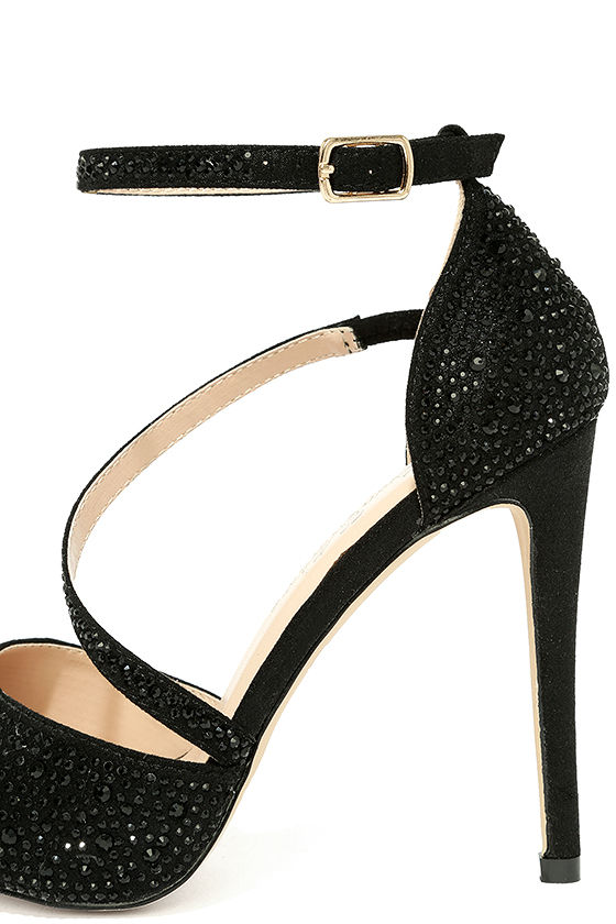 black chunky heels with rhinestones