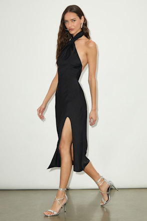 Black Satin Halter Midi Dress | Womens | X-Small (Available in M, L) | 100% Polyester | Lulus | Homecoming | Holiday Dresses