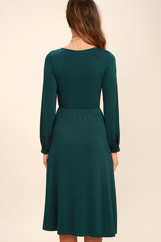 Classic Forest Green Dress Long Sleeve Dress Midi Dress 56.00