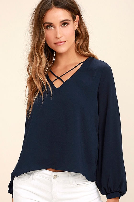 Chic Navy Blue Top - Long Sleeve Top - Blouse - V-Neck Top - $34.00 - Lulus