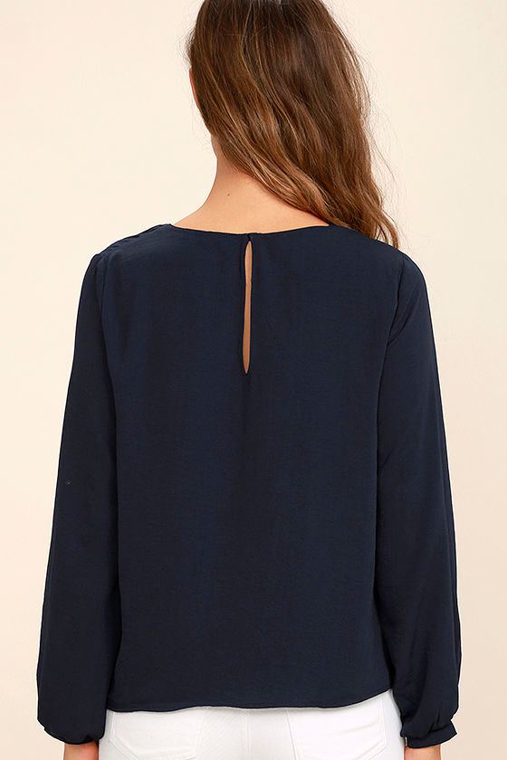 Chic Navy Blue Top Long Sleeve Top Blouse VNeck Top 34.00