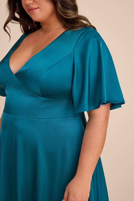 Elegant Confidence Teal Satin Flutter Sleeve Cutout Maxi Dress - thumbnail 3