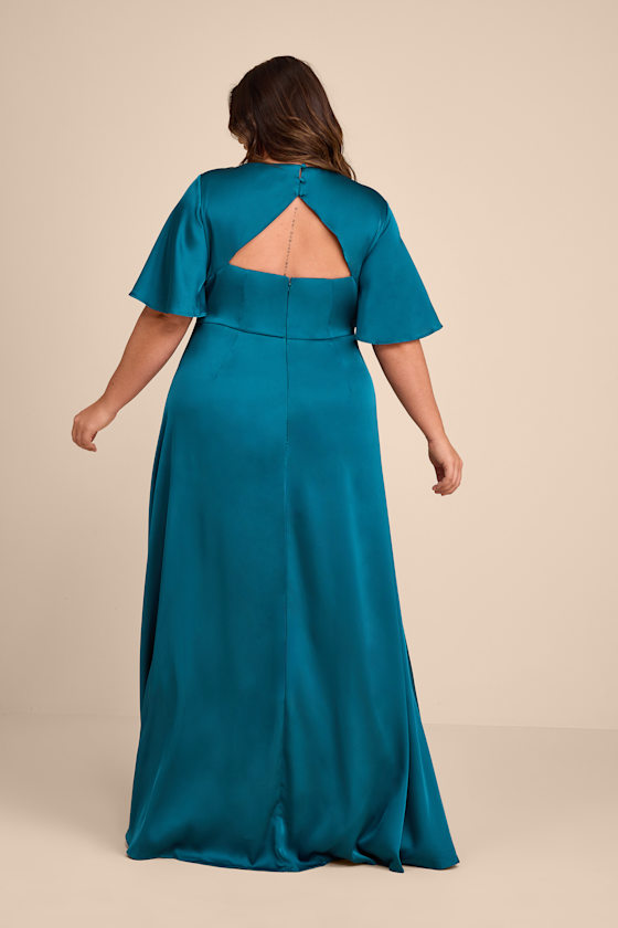 Elegant Confidence Teal Satin Flutter Sleeve Cutout Maxi Dress - thumbnail 4