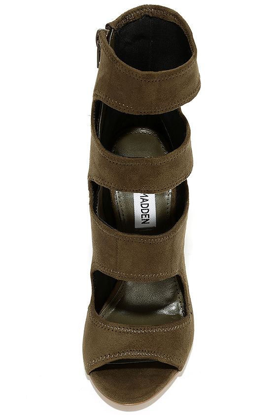 Steve Madden Tawnie Olive Green Heels Vegan Suede Heels Caged