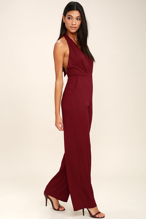 Sexy Burgundy Jumpsuit - Woven Jumpsuit - Halter Jumpsuit - $56.00