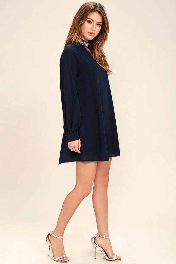 navy shift dress long sleeve