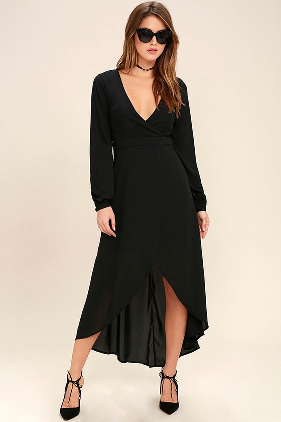 Lovely Black Dress - High-Low Dress - Wrap Dress - Long Sleeve Dress ...