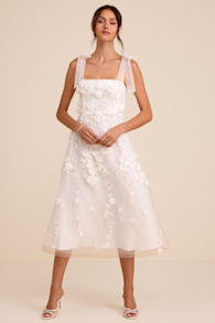 Effortlessly Sweet White Tulle 3D Floral Tie-Strap Midi Dress 2