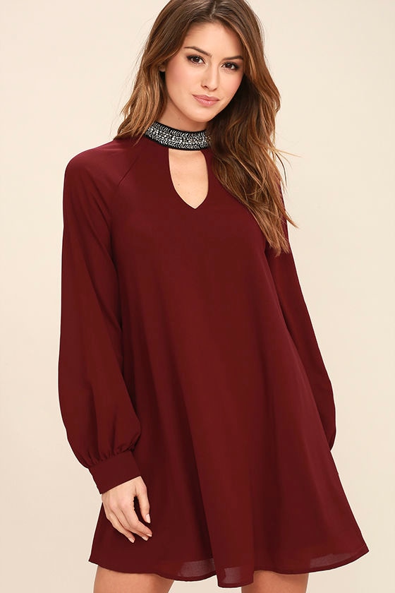 So Into You Wine Red Beaded Long Sleeve Shift Dress