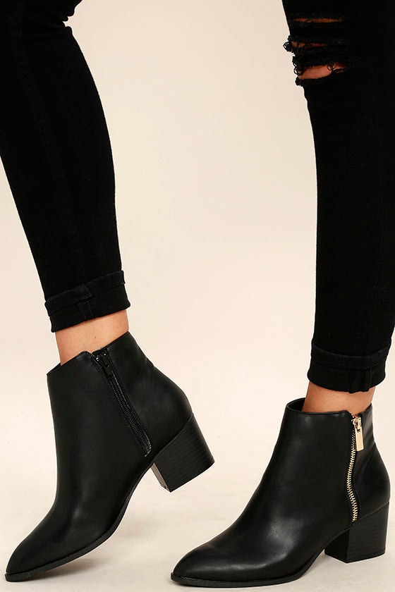 black ankle booties with brown heel