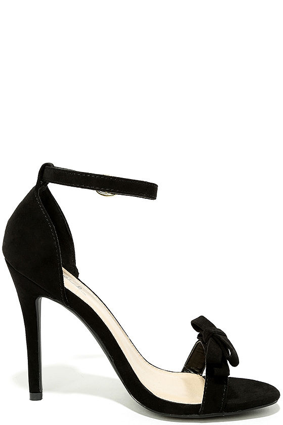 Cute Black Heels - Ankle Strap Heels - Vegan Suede Dress Sandals - Bow ...