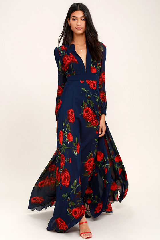 blue floral long sleeve maxi dress
