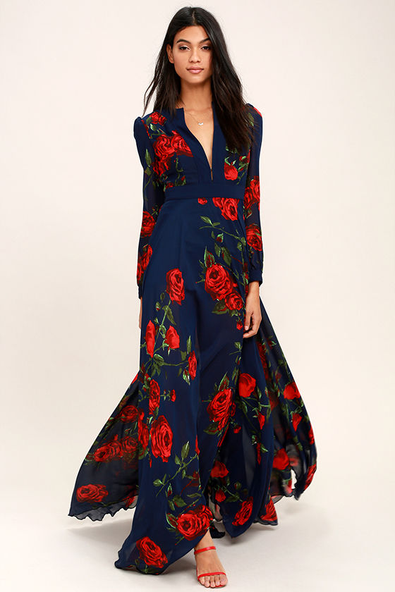 Blossom Buddy Red and Navy Blue Floral Print Maxi Dress