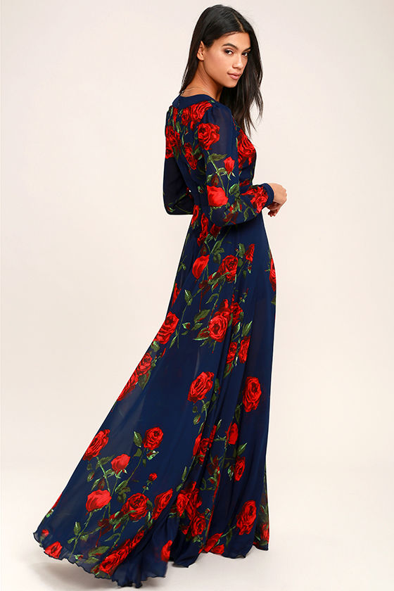 Stunning Floral Print Dress - Red and Navy Blue Maxi Dress - Long ...