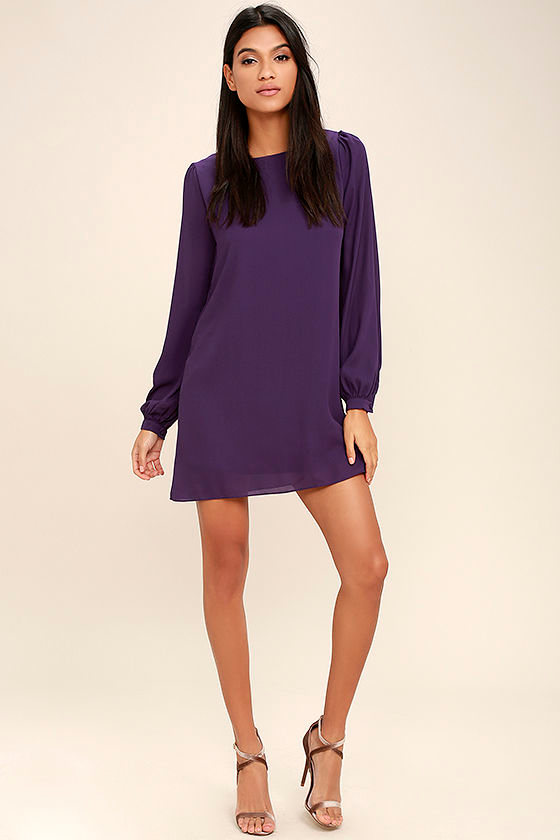 Pretty Purple Dress Shift Dress Long Sleeve Dress 42.00