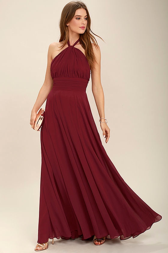 burgundy halter maxi dress