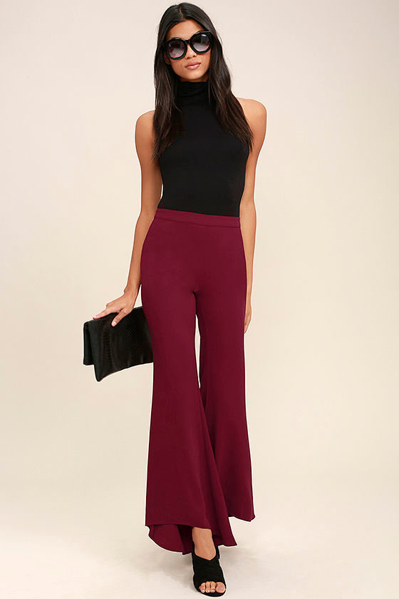 Chic Wine Red Pants WideLeg Pants HighLow Pants Flare Pants