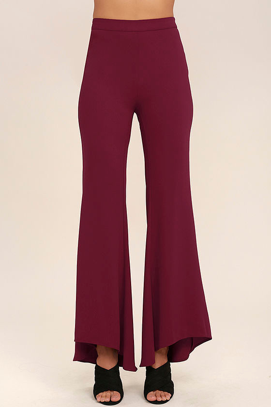 Chic Wine Red Pants WideLeg Pants HighLow Pants Flare Pants