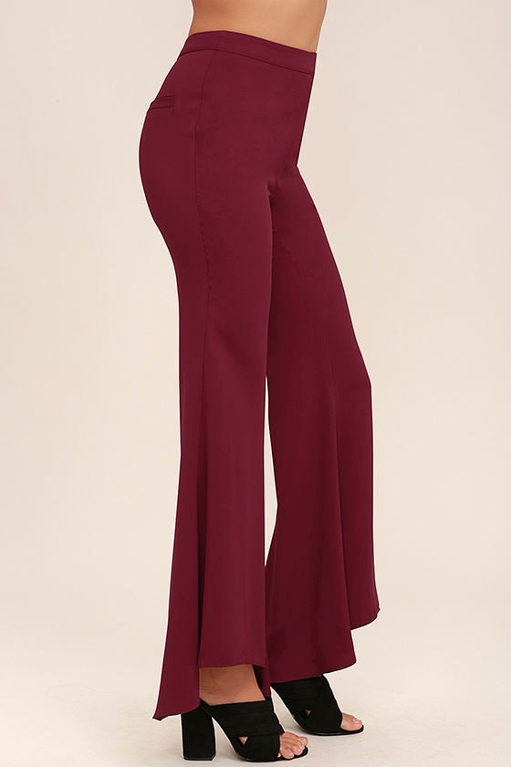 Chic Wine Red Pants - Wide-Leg Pants - High-Low Pants - Flare Pants ...