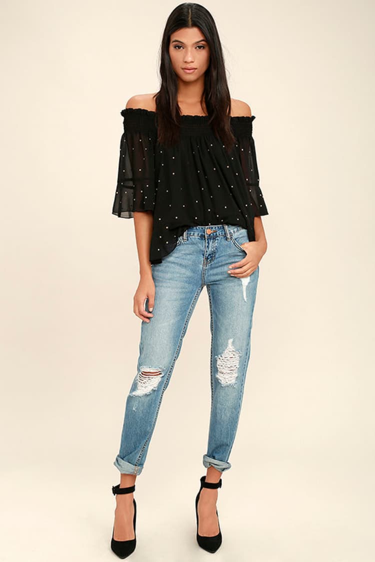 Like You A Lot Black Studded Off-the-Shoulder Top