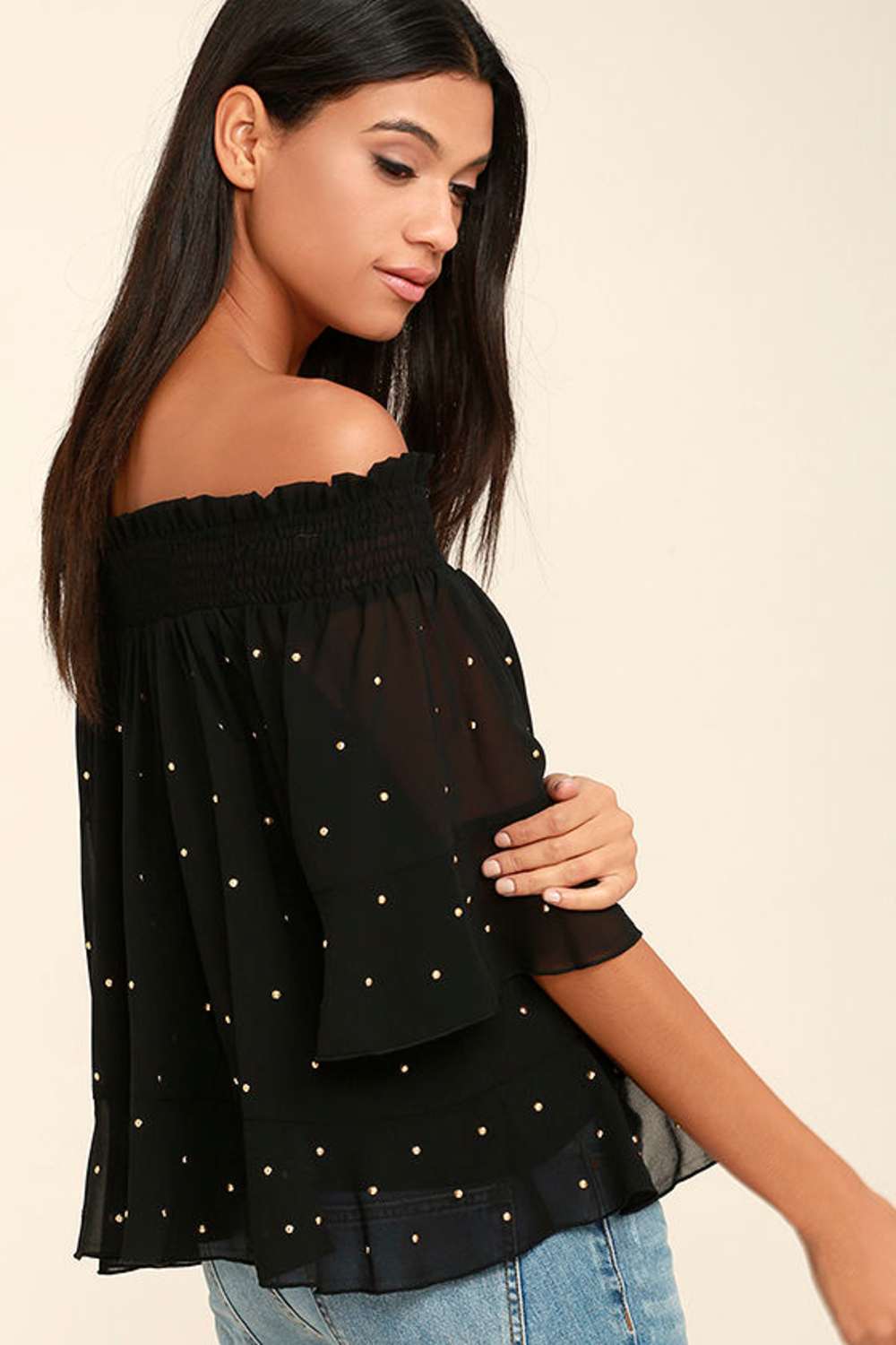 Like You A Lot Black Studded Off-the-Shoulder Top