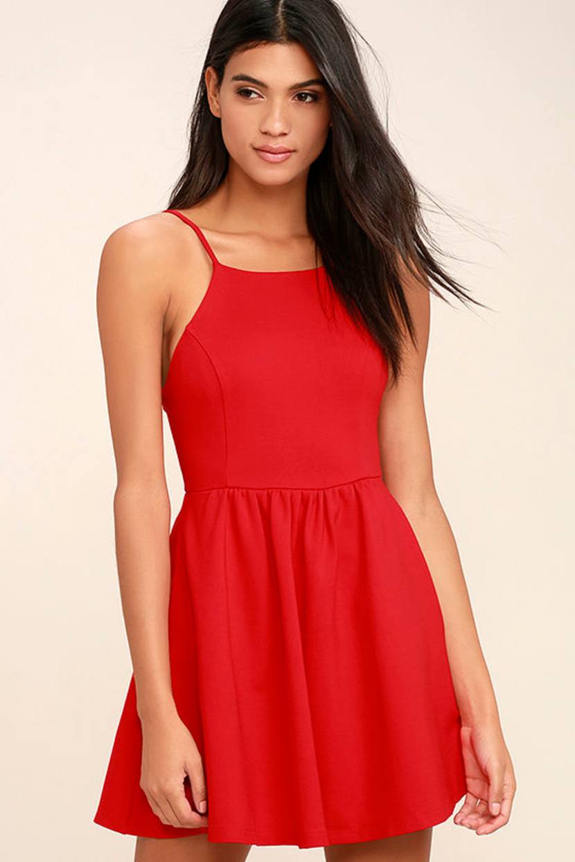red backless skater dress boohoo Women's High Bardot Tie Back Skater Dress