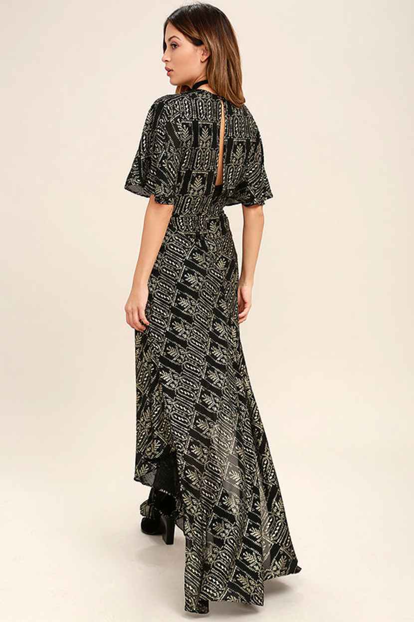 Lovely Black and Gold Print Dress - Maxi Dress - Short Sleeve Maxi - $78.00  - Lulus