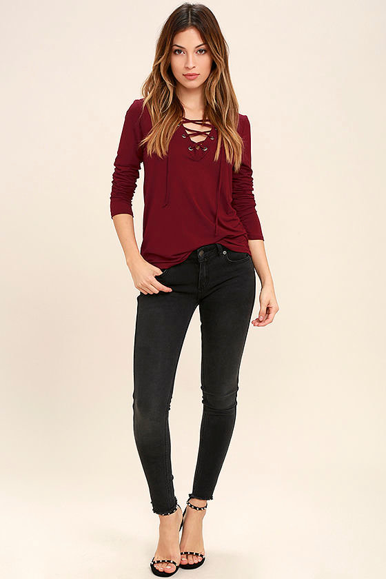 Love Song Wine Red Long Sleeve Lace-Up Top 2