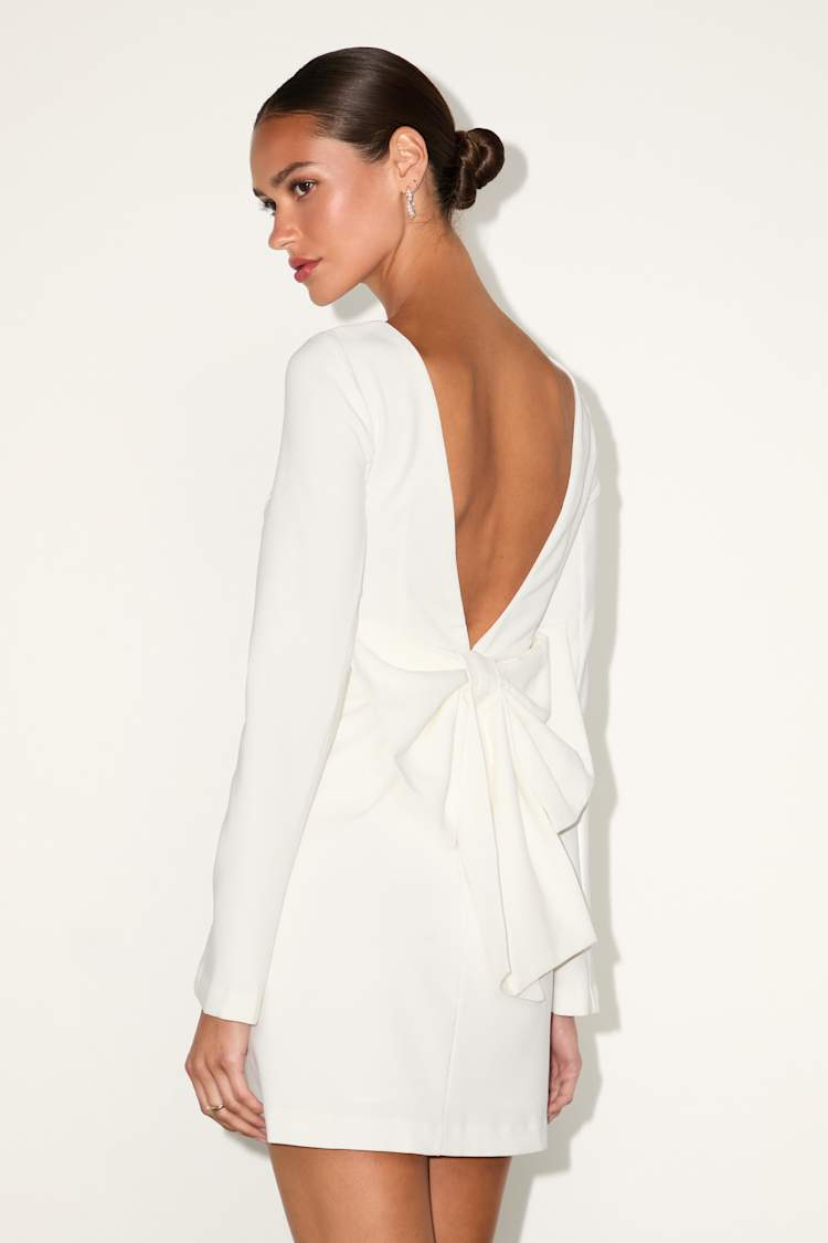 Elegant Cutie Ivory Bow Long Sleeve Backless Mini Dress