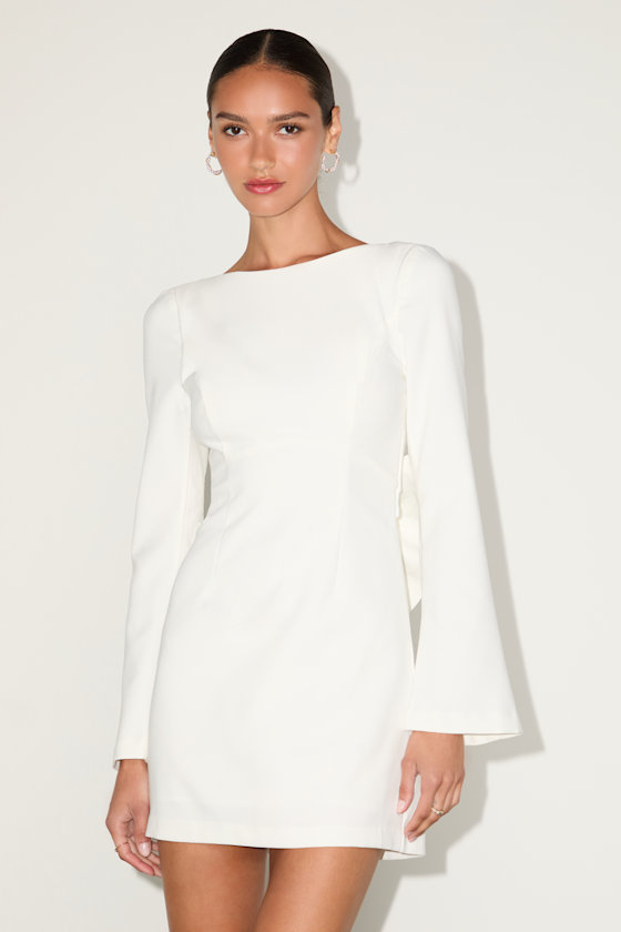 Elegant Cutie Ivory Bow Long Sleeve Backless Mini Dress - thumbnail 3